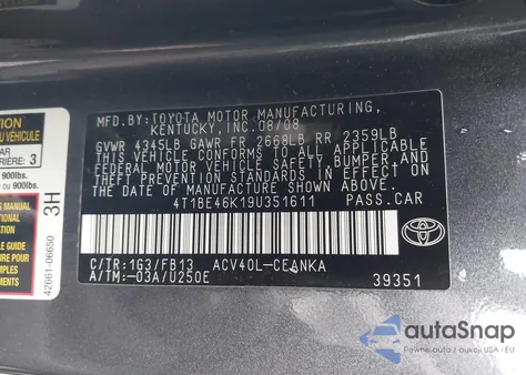 2009 Toyota Camry Le из США, поврежденный, VIN 4T1BE46K19U351611
